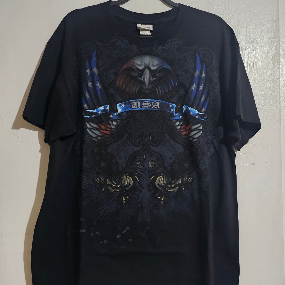 Vintage National Heritage T-shirt Size Large Eagle Guitar Roses USA Flag Wings